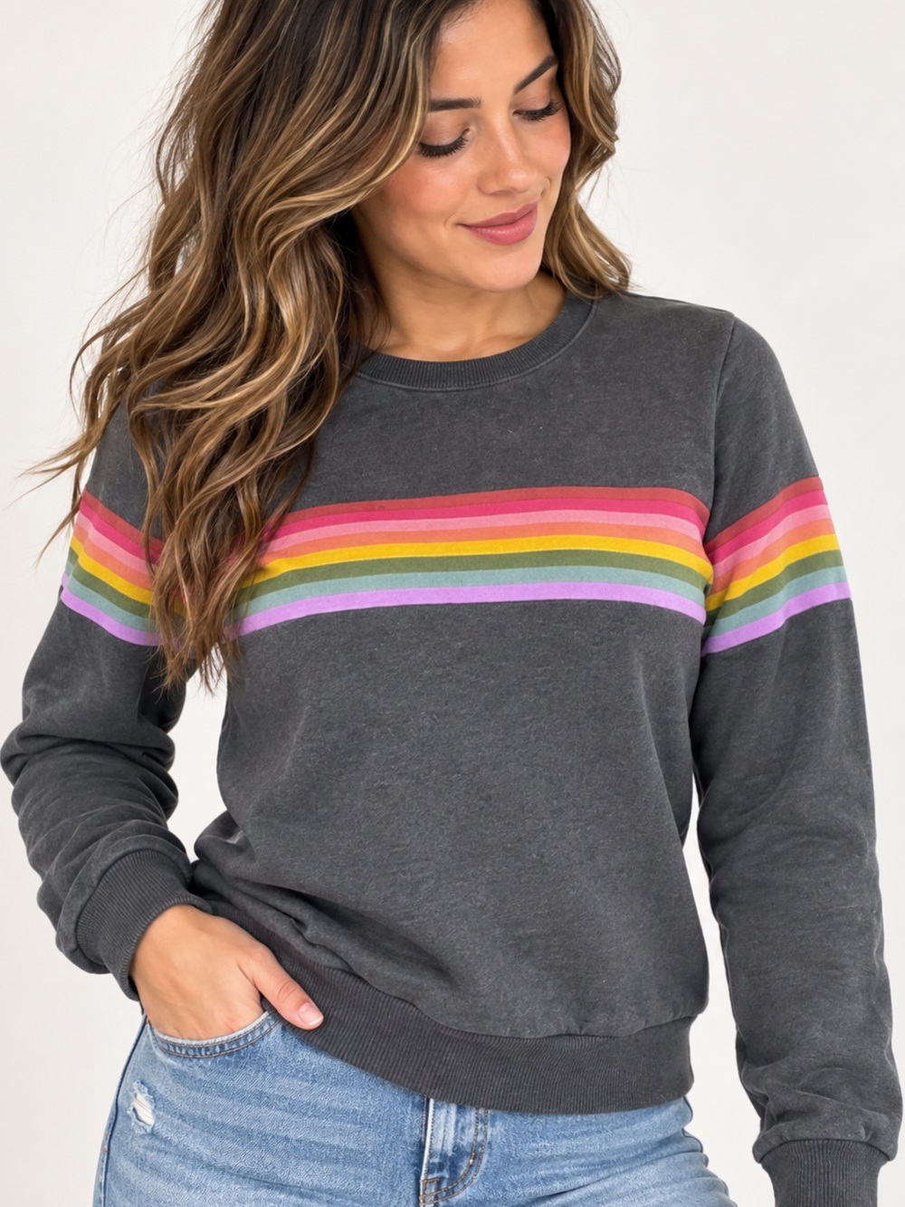 Marine Layer Sweatshirt Women’s Medium Charcoal Gray Crewneck Rainbow Stripe